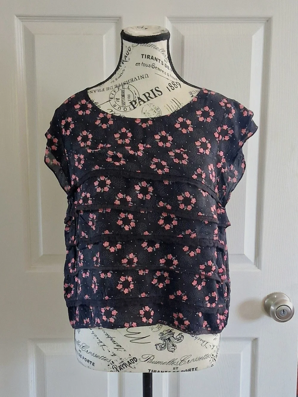 Free People Black / Dark Navy Floral Tiered Short Sleeve Blouse - Size M